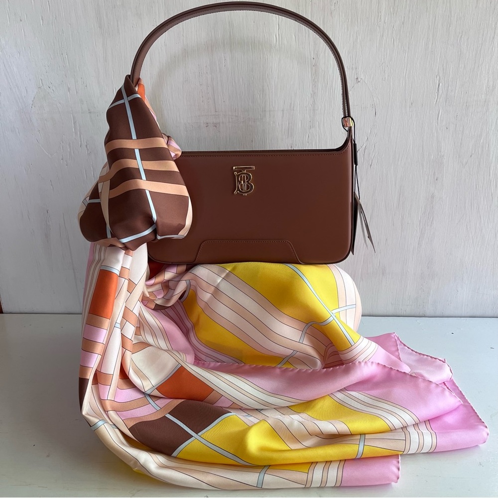 🔴SOLD🔴 BURBERRY Classic Bundle- TB Monogram Bag Tan & Check Pink Scarf - Picture 6 of 16